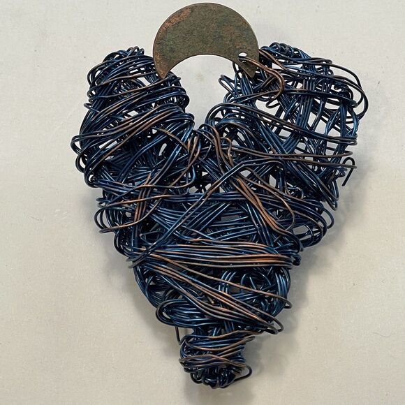 Handmade Wire Wrapped Heart & Moon Brooch Pin Blue Copper Artisan Jewelry Unique - Picture 3 of 11